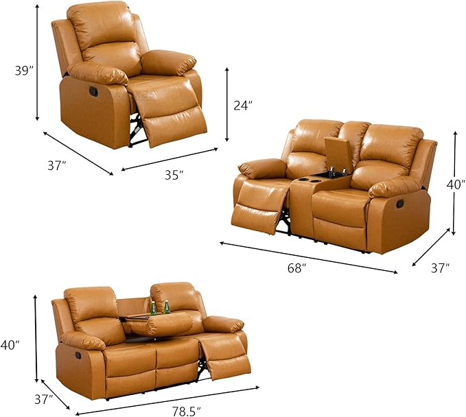 2PCS Reclining Couch Living Room Furniture Sets Manual Recliner Sofa Set Bonded Leather Sofa and Loveseat with Drop-down Table/Cup Holders/Storage Console for Home/Office/Rv Car (GingerSofa+Loveseat)
