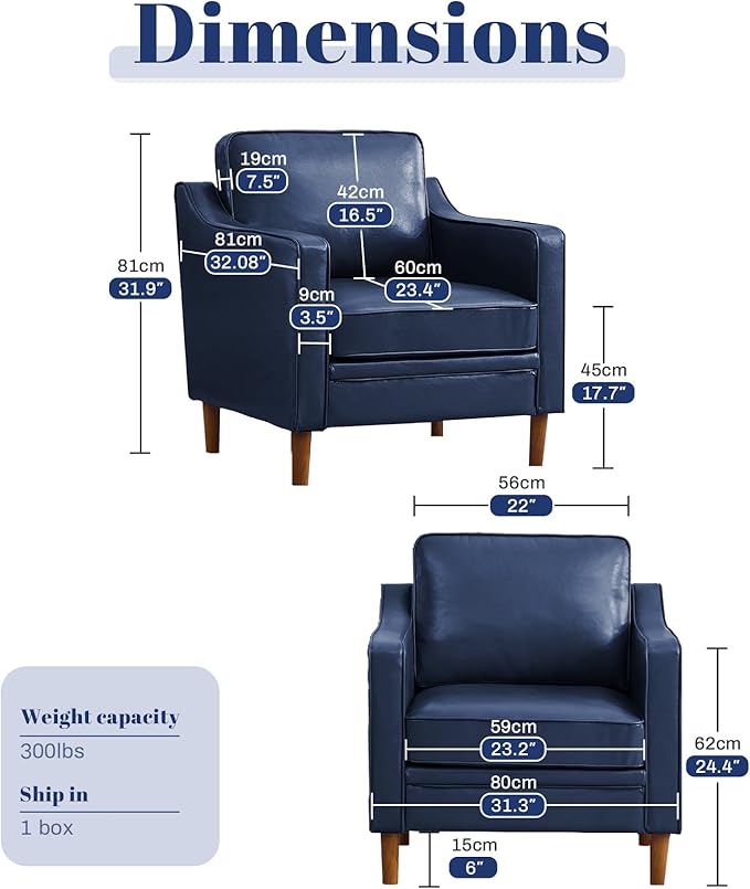 Kingfun Accent Chair Living Room Chairs Faux Leather Reading Armchair Mid Century with Solid Wood Foot Upholstered Modern Decor for Bedroom Apartment Royal Blue
