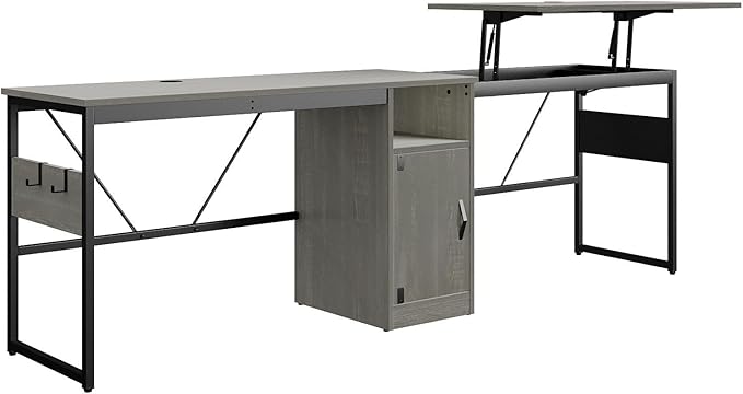 Bestier Versatile 60 Inch L-Shaped Standing Desk Lift Top Corner Desk Extending to 95 Inches with Storage Cabinet and Hooks for Home Office Washed Gray