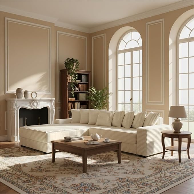 110 Cloud Sectional Couch L Shaped Sectional Couch with Chaise and 8 Side Sleeper Pillows 5 Seat Sleeper Sofa Bed for Living Room Corduroy Fabric Beige Left Style