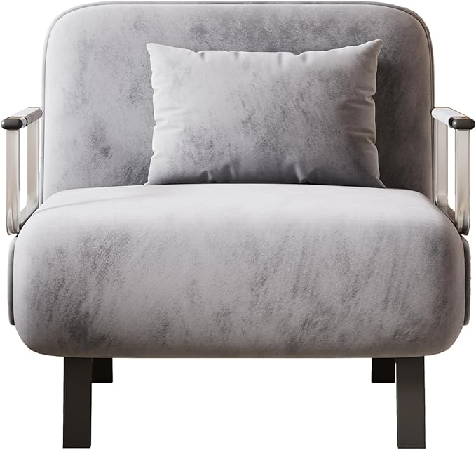 KEIKI 31.5 Luxury Velvet Single Triple-Fold Sofa Bed 3 in 1 Convertible Sleeper Lounge Chair w/Adjustable Backrest &amp PillowsMulti-Functional Living Room Armchair for ApartmentsGray