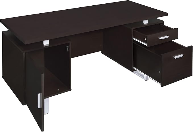 Pemberly Row 2-Drawer Wood Office Desk 60 in W x 30 in H Cappuccino and Silver Finish Metal Base Storage Drawer and Cabinet Contemporary Home Office Desk for Organization and Workspaces