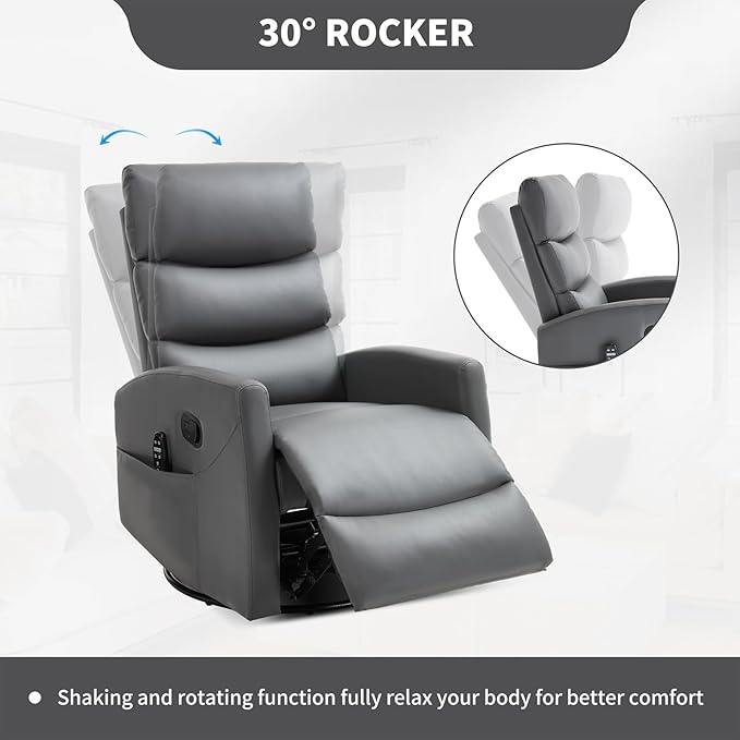 Swivel Recliner with Heat and Massage Rocker Recliner Chair for Living RoomGlider Recliner Nursery Chair with Black Metal Base/Adjustable Backrest and Footrest (PU Leather Grey3)