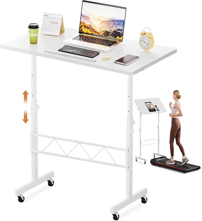 COMHOMA Small Standing Desk Adjustable Height &amp Tiltable Tabletop Mobile Stand Up Desk for Laptop Portable Computer Table for Home Office Work and Walking Pad Treadmill Height 30.7-46.4 Whit