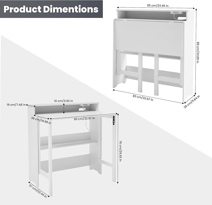 Fold Out Desk with Power Outlets Small Foldable Table with Storage ShelfSpace-Saving Hidden Desk for Bedroom Living Room &amp Office (White)