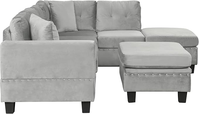 Merax Modern Sectional Sofa with Storage Ottoman L Shaped Couch with 2 Pillows and 2 Cup Holders Polyester Sectional Sofa with Reversible Chaise for Living Room Home Office (Gray)