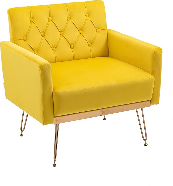 Velvet Accent Chair Upholstered Living Room Accent Armchair Leisure Single Chairs with Rose Golden feet Tufted Sofa Chairs for Home Office Living Room Bedroom Small Space (Mustard)