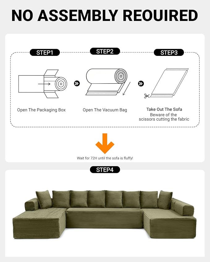 145 Oversized Cloud Boneless Sectional Sofa with Chaise Corduroy U Shaped Modular Couch with Deep Seat Fixed Frame Comfy Corner Sofa No Assembly Required (Green)
