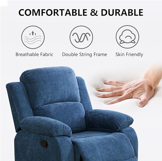 Upholstered Manual Recliner Modern Fabric Reclining Chair Single Reclining Sofa Chair with Comfortable Armrest and Backrest Recliner Furniture for Living Room/Meeting Room/RV Car Blue