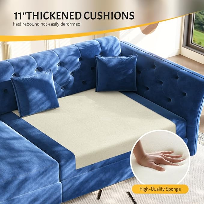 extrasleep 100'' Velvet Pull Out Sofa Bed Oversized King Sleeper Sofa with Handcrafted Floral Tufted Design 3-in-1 Convertible Sleeper Couch Tufted Deep Seat Couch for Living Room Apartment Blue