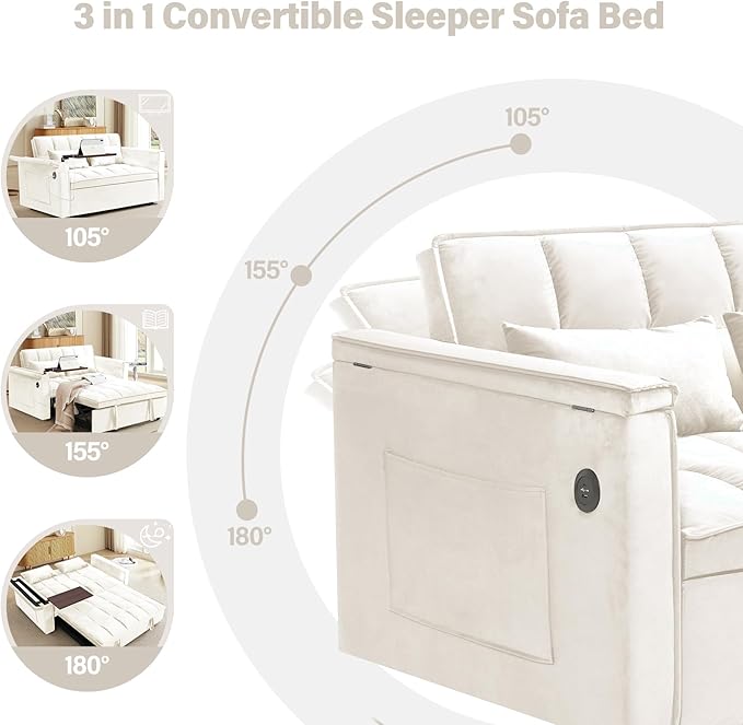 3 in 1 Sleeper Sofa BedConvertible Pull-Out Couch BedFuton Couches for Living Room with Side Pocket and Adjustable Backrest | USB Ports丨Sida Table丨Velvet Fabric | Small Loveseat CouchBeige
