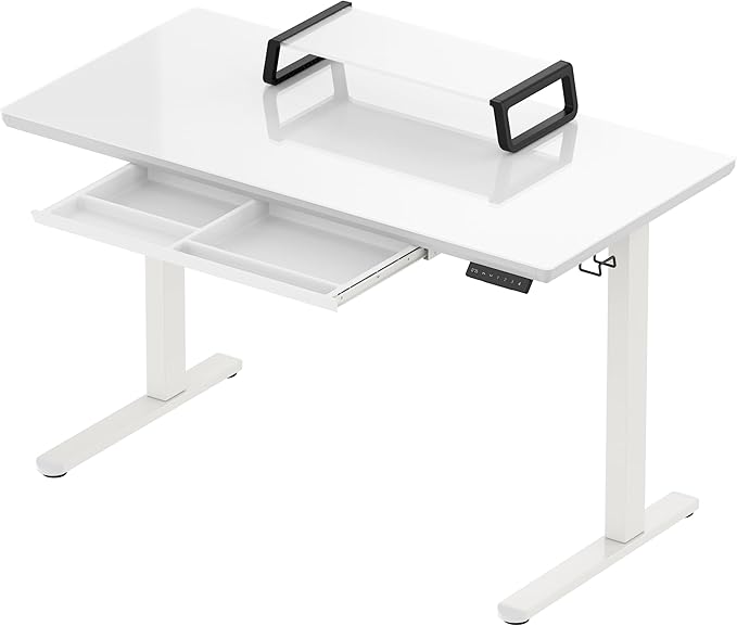 SHW 48x24 Glass Electric Height Adjustable Standing Desk – Motorized Sit Stand Desk with Monitor Riser Pull-Out Drawer Memory Presets White