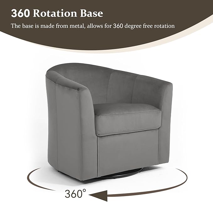 Swivel Accent Chair Upholstered Velvet Barrel Armchair Modern Round Single Sofa Seating Comfy Reading Corner Chairs for Living Room Bedroom Fully Assembled (Velvet Grey Set of 1)