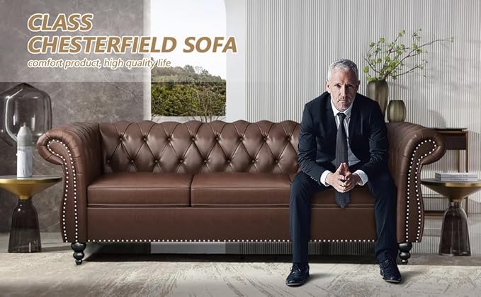AVZEAR Chesterfield Leather Sofa 3 Seater Couch Mid-Century Large Sofa Roll Arm Classic Tufted Settee Modern PU Sofa with Channel Tufted Seat Back for Living Room Office Apartment PU Brown