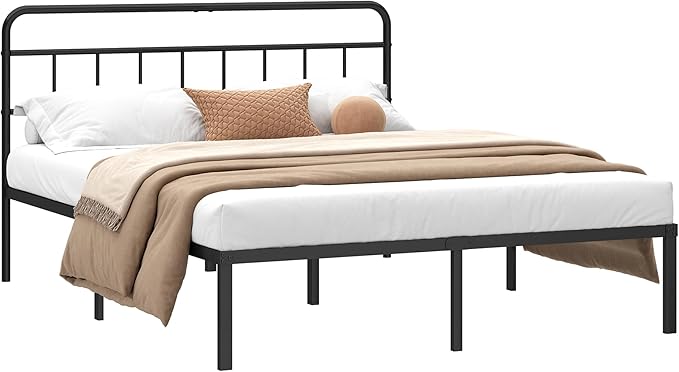 12 inches Full Size Bed Frame with Minimalist headboardMetal Platform Base with Strong Metal SlatsMattress Foundation for Under Bed StorageEasy AssemblyBlack