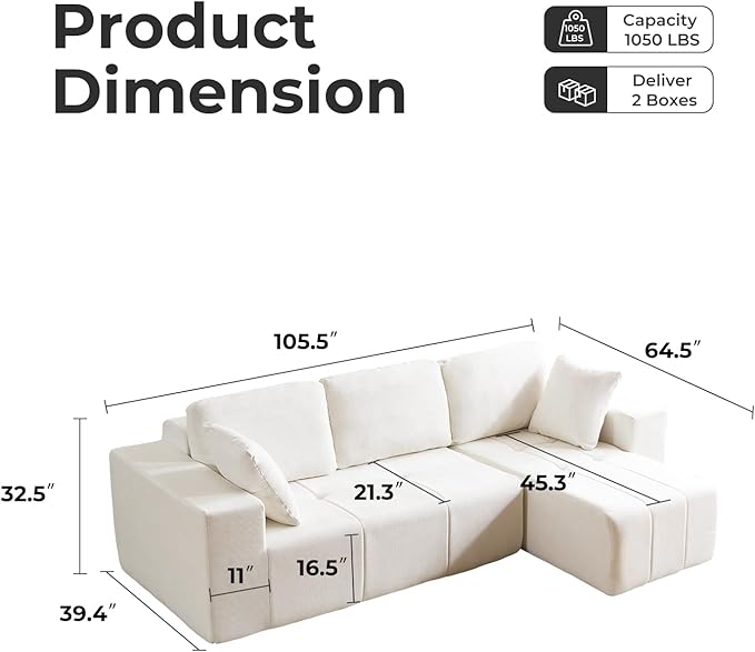 105 Cloud Modular Sectional CouchChenille Boneless Couches with Deep SeatUpholstered L-Shape Sofa with Chaise Sectional Couch for Living Room No Assembly Required (Beige Right Facing Chaise)