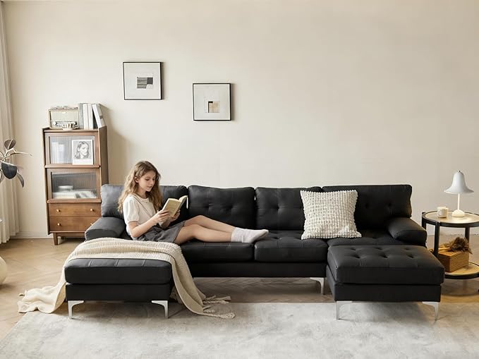 Wimarsbon 106” U-Shaped Couch with Double Chaise Modern Upholstered 4-Seat Sectional Sofa Set for Living Room Bedroom Apartment Easy to Assemble (Black-Faux Leather)