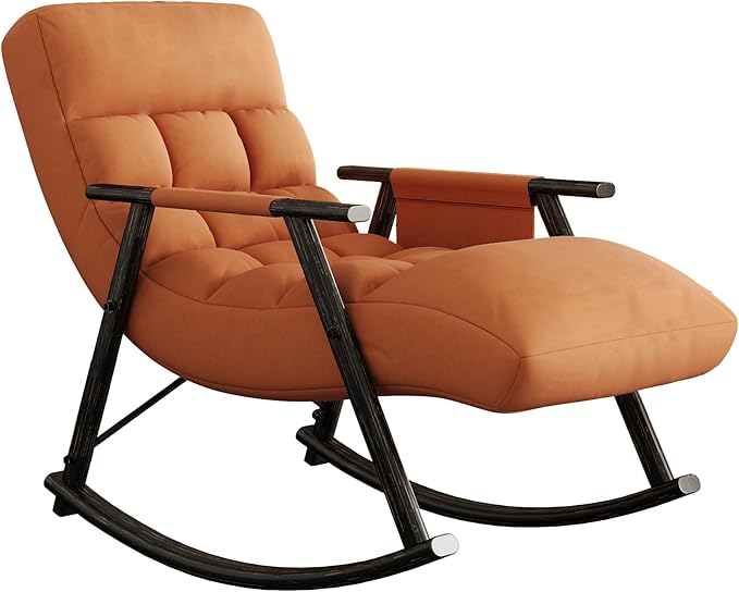 Folding Upholstered Rocking Chair Adjustable High Back with Footrest and Side Pockets Comfortable Seating for Living Room Bedroom or Balcony.