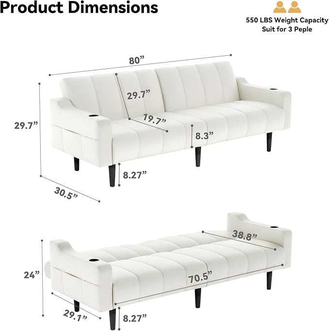 Brelice 80'' Leather Couch Futon Sofa Bed Faux Leather Couch with Adjustable Backrest 2 Cup Holders &amp Side Pockets Mid Century Modern Sofa for Living Room Bedroom Cream White