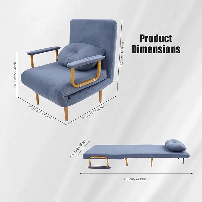 Convertible Sleeper Sofa Bed 3 in 1 Multi-Functional Sofa Chair Bed with 5 Position Adjustable Backrest Folding Sofa Bed Floor Single Chairs Fold Out Chair Beds for Living Room (Grey)