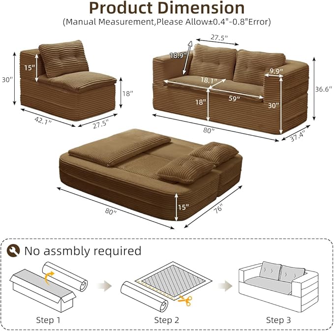 Folding Convertible Sectional Sofa Bed Corduroy Floor Couch Loveseat Lounge Chaise for Office Apartment80 King Size BedCamel