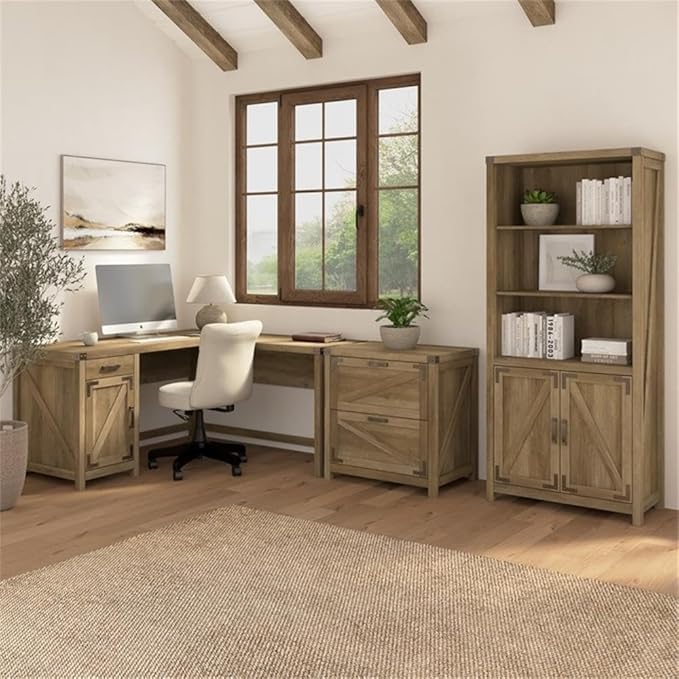 Bush Furniture Knoxville 60W L Shaped Desk with Drawer and Storage Cabinet in Reclaimed Pine Corner Computer Table for Home Office