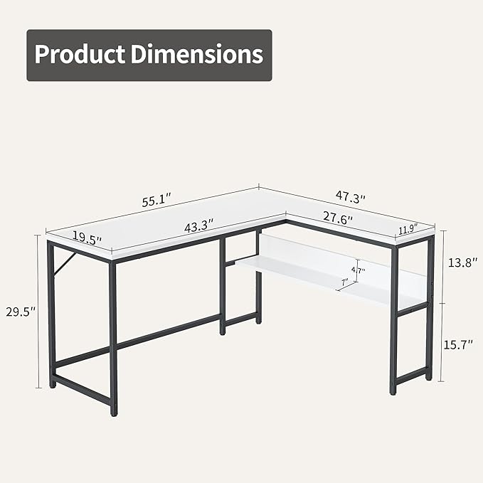 FEZIBO 55.1-Inch L-Shaped Corner Desk with Storage Shelves Home Office Computer Desk with Bookshelf for Writing Gaming and Study
