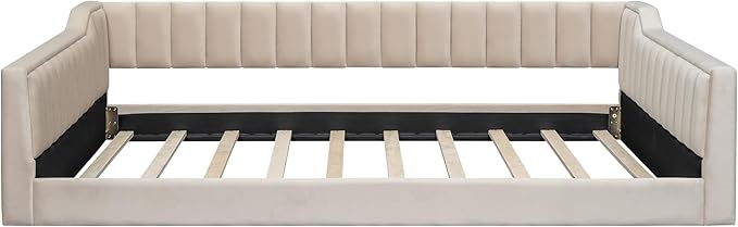 Full XL Size Floor Bed with Storage Pocket Upholstered Floor Sofa Daybed with Vertical Stripe Design for Gust RoomBedroom Living Room Beige