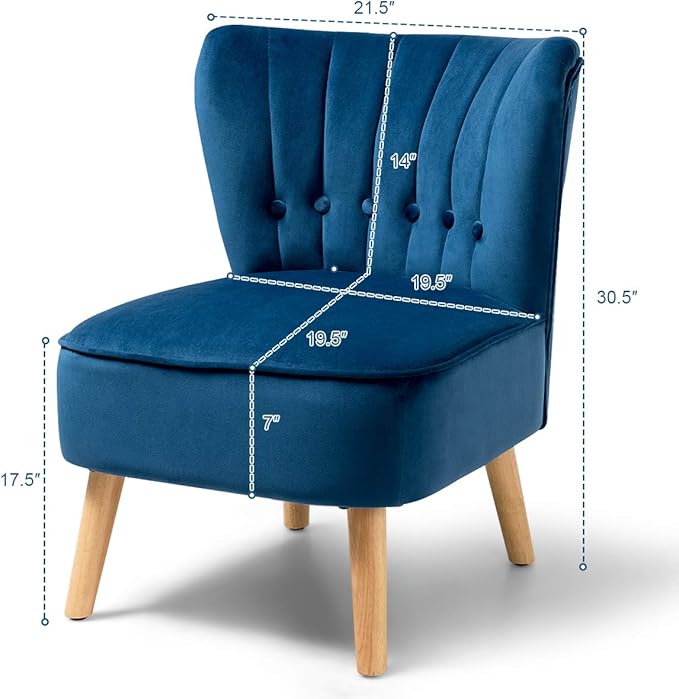 Giantex Modern Velvet Accent Chair Small Upholstered Leisure Sofa Chair w/Wood Legs Thickly Padded and Button Tufted Armless Wingback Club Chairs for Living Room Bedroom Furniture (1 Blue)