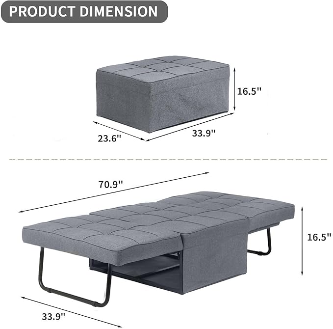 Ainfox Convertible Sofa Bed4-in-1 Multi-Functional Futon Chair Bed Folding &amp No Installation Sofa Couch with Adjustable Backrest Recliner for Living Room Small Spaces and Office(Light Grey)