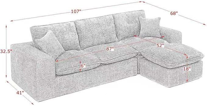 L-Shaped Boneless Modular Sectional Cloud Couches 4 Seat Modular Boucle Floor Foam Boneless Sofa Couch with Ottoman Headrest Pillows and Removable Cushions