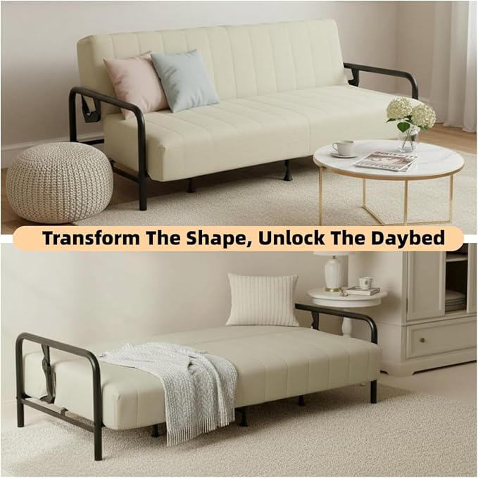 Homy Casa Modern Beige Futon Sofa Bed with Arm 78.74 3-Position Adjustable Backrest Metal Frame Capacity 500 lbs Convertible Daybed for Living Room/Guest Room/Studio Apartment