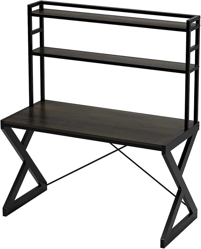 47 Industrial Desk with Shelves Study Writing Ladder Desk with Bookshelf Computer Desk with Hutch PC Workstation Gaming Table for Home Office Metal Frame Brown