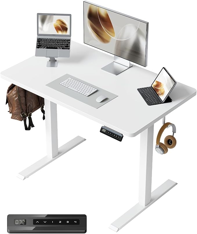 CubiCubi 32 x 20 Small One-Piece Standing Desk Adjustable Height Electric Computer Home Office Sit Stand up Workstation with 4 Memory Presets Headphone Hook White
