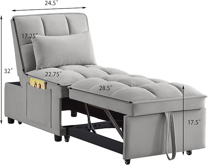 4 in1 Multi-Function Single Sofa Bed with Storage PocketsTufted Single Pull-Out Sofa Bed with Adjustable Backrest and PillowsConvertible Chaise Loungefor Small Room Apartment (Gray)