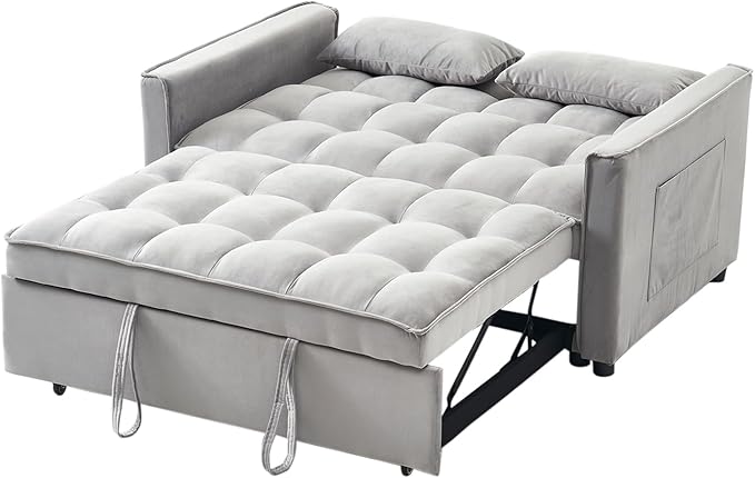 54.8'' Sleeper Sofa Bed 3-in-1 Convertible Couch with Pullout Bed Reclining Backrest Storage Pockets – Modern Space Lounge Furniture for Living Room Includes Toss PillowsGrey