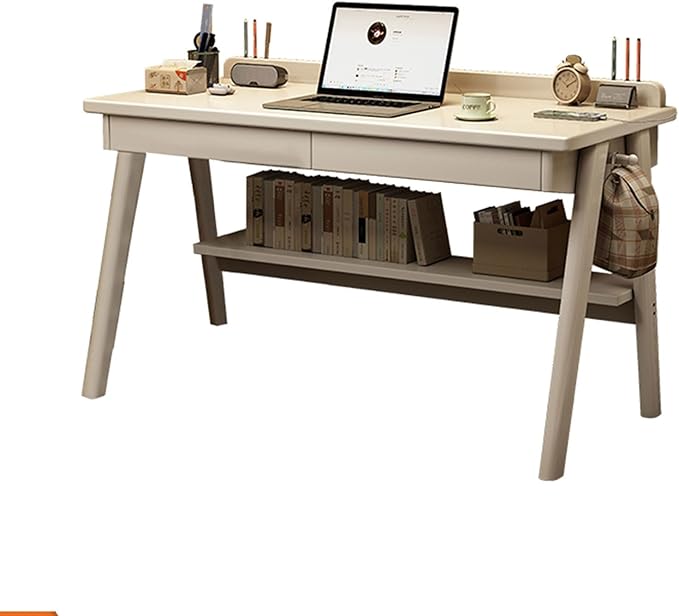 Mid-Century Modern Wood DeskComputer Desks with Drawers and Storage ShelfStudy Work Writing TableModern Industrial Home Office Desks for WritingExecutiveStudyWork(White55in(140cm))