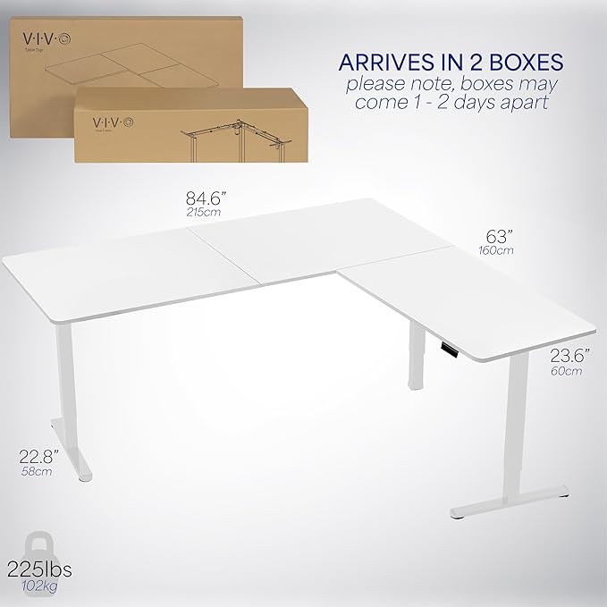 VIVO Corner Standing Desk 84 x 63 inch Reversible L-Shaped Workstation Electric Height Adjustment Home Office and Reception Rooms White Table Top White Frame DESK-E3CTWW-84