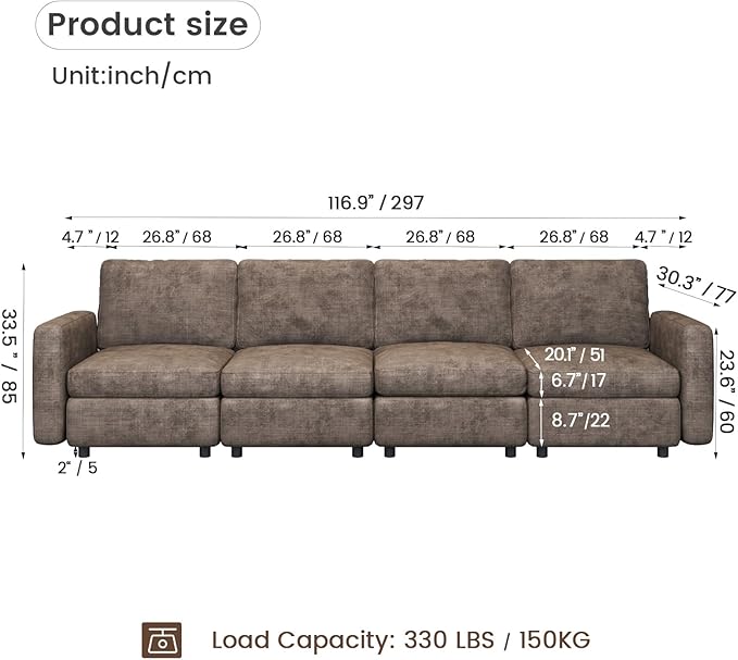 Modern Brown Modular Sofa with Deep Seating Soft Cushions Sectional Couch Available in Loveseat or Multi-Seat Options Minimalist Design for Office Living Room or Bedroom (4-Seater Sofa)