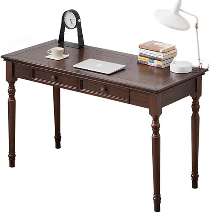 French Country Style Writing Desk35''Solid Wood Farmhouse Computer Table with DrawersSolid Wood Vanity Dressing Desk Simple Style for Home Office Study Bedroom (Walnut 47in)