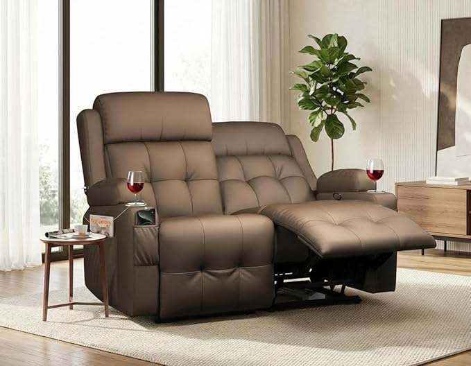 Reclining Loveseat Wall-Hugger Loveseat Recliner Design with USB/Type C Charging &amp Storage &amp Cupholder Pebble-Weave Fabric Recliner Sofa Couch for Living Room Home Theater &amp RV Use