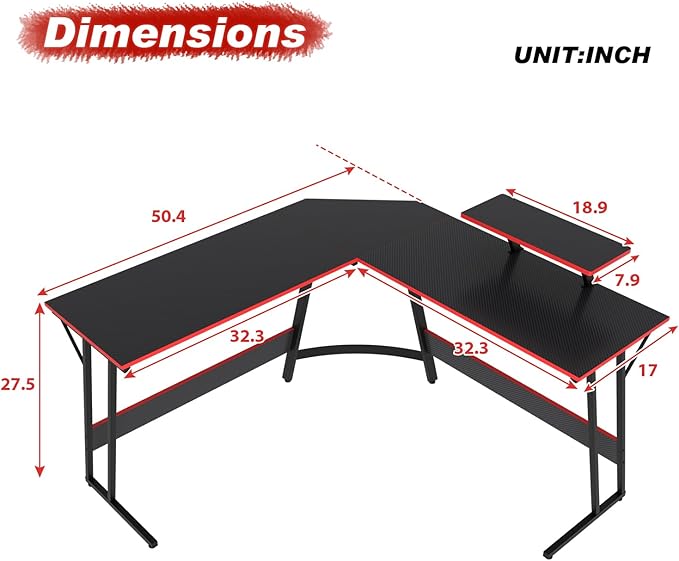 51 inch L Shaped Gaming Desk Computer Desk for Bedroom Black L shaped Desk for GamingHome Office Desks with Detachable Monitor Stand Corner Desk for Small PlaceLargeCarbon FiberBlack desk