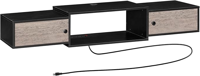 HOOBRO 55 Floating TV Stand with Power Outlets Modern Wall Mounted Media Console Shelf with Doors Entertainment Center for Under TV Storage for Living Room Bedroom Greige and Black BG11UDS01