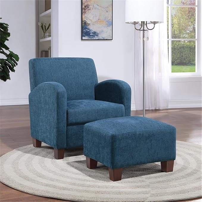 Pemberly Row Accent Chair &amp Ottoman Navy Blue Herringbone Fabric Medium Espresso Legs Double Stitch Detail Padded Seat with Foam and Spring Support 29.25 W x 32 D x 35 H Living Room Seati