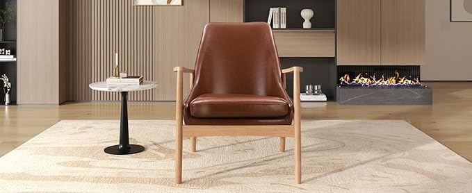 PU Leather Accent Chair Mid Century Modern Armchair with Solid Wood e Reading Leisure Chair with High Back for Living Room