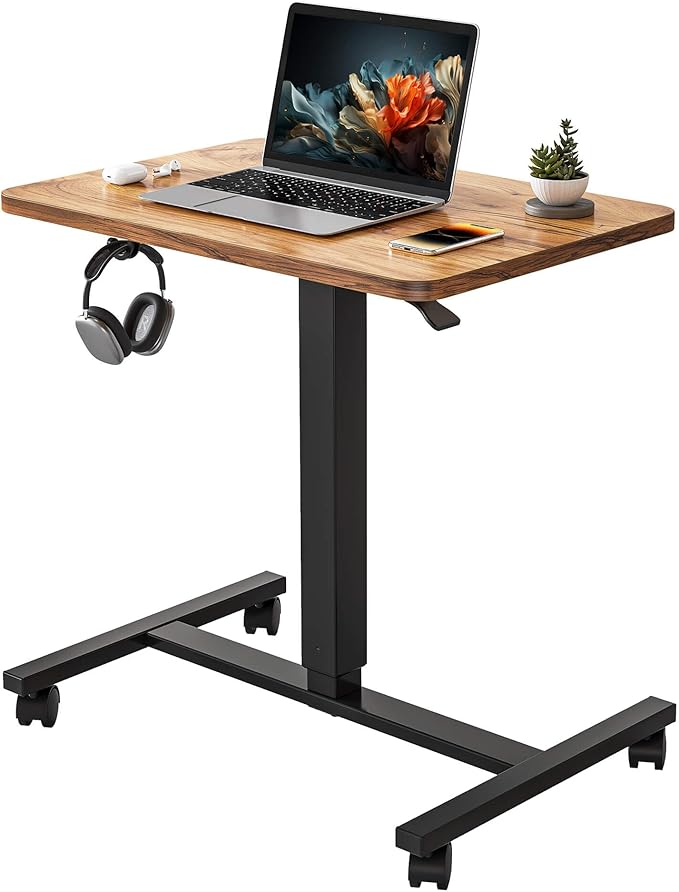 YIHAYO Mobile Small Standing Desk 24 x 16 Inches Adjustable Height Portable Rolling Laptop Desk with Lockable Wheels Computer Workstation for Home Office with Hook Rustic Brown