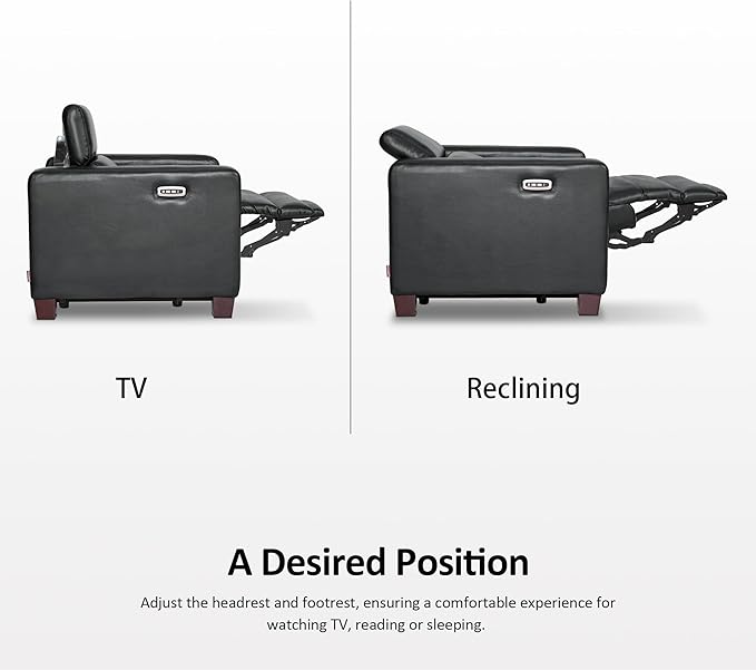 MCombo Zero Wall Recliner Chair Wall Hugger Power Recliner Chair with Adjustable Headrest High Wood Leg USB &amp Type C Dual Charge Ports for Living Room Small Spaces HL128 (Faux Leather Black