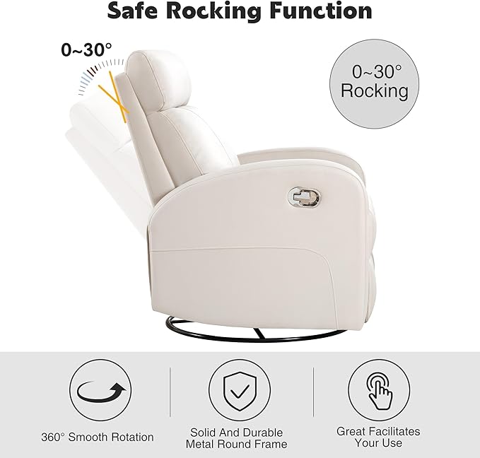 Swivel Rocker Recliner Chair Manual Faux Leather Recliner Glider Rocking Recliners 360°Swivel Nursery Reclining Chairs with Adjustable Headrest Highback for Living Room Cream