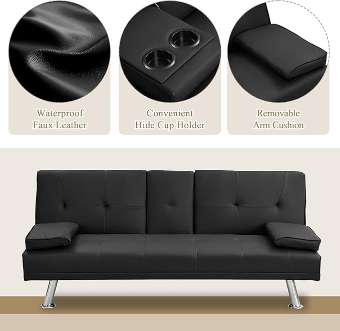 Modern Futon Sofa Bed 67 Inch Leather Convertible Futon Couch Loveseat Sleeper for Small SpacesComfy Folding Recliner Couches for Living Room Adjustable Backrest2 Cup HoldersMetal Legs (BLACK)