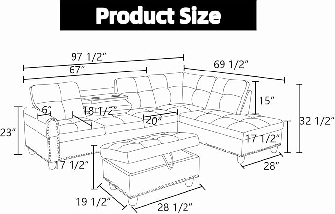 L Shaped Sectional Sofa with Ottoman Linen Modern Couches Nail-Head Design with Cup Holder for Living RoomOffice Bedroom Dark Grey